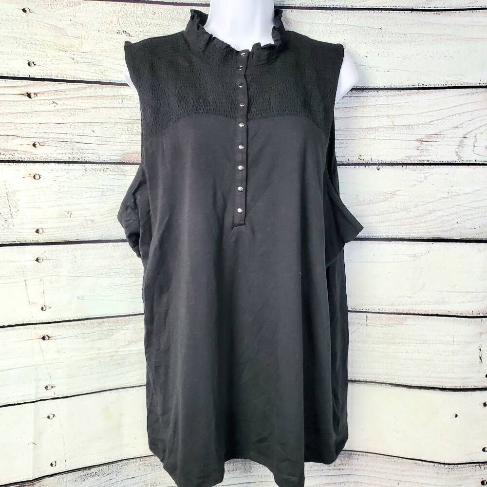 Maurices 3X Black Sleeveless Henley Tank Ruffle Neck Smocked Yoke NWT